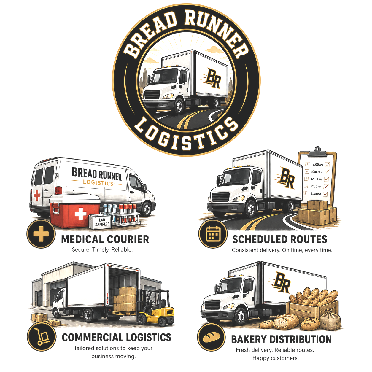 A logo for Bread Runner Logistics featuring a delivery truck on a road with city skyline in the background, surrounded by a black and gold circular border. Below, four illustrations depict logistics services: medical courier van with lab samples, scheduled route truck with delivery schedule, commercial logistics warehouse with forklift, and bakery distribution truck with bread and baked goods, each with descriptive text.