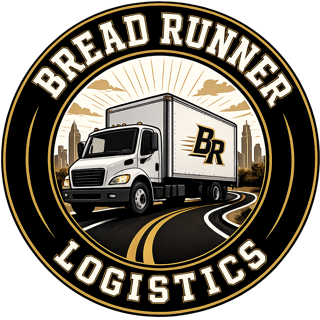 Logo for Bread Runner Logistics featuring a white delivery truck on a winding road with city skyline in the background, and the text 'Bread Runner Logistics' surrounding the image.