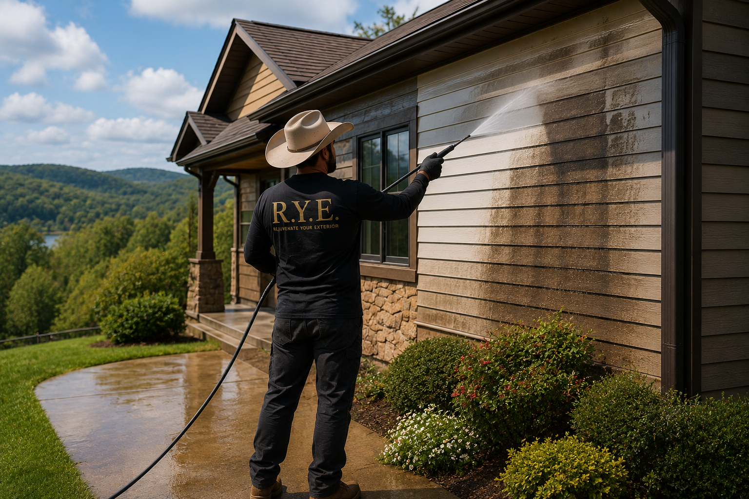 A man wearing a wide-brimmed hat and black shirt with 'R.Y.E.' on the back power washing the exterior of a house.