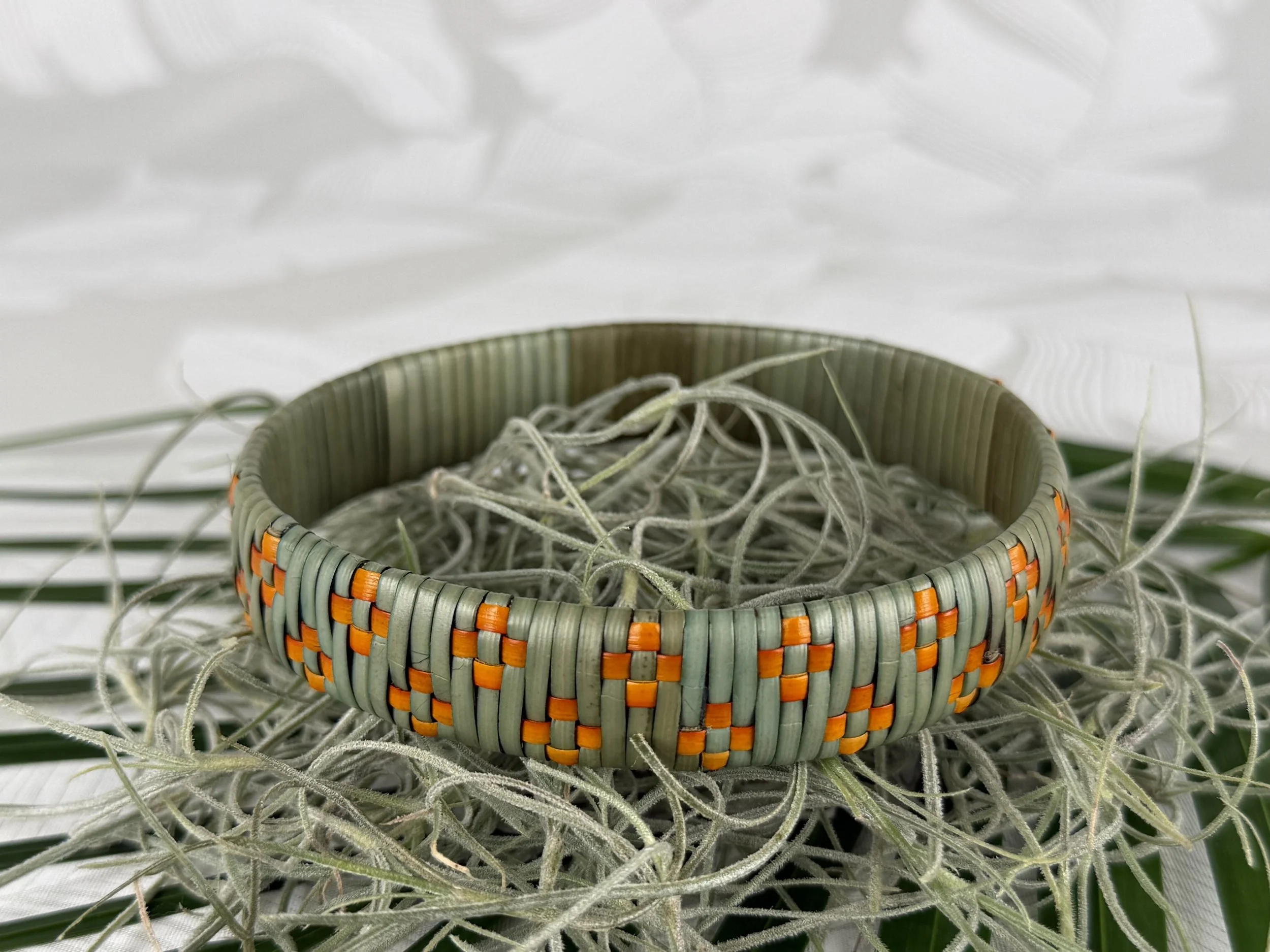 9¾ Orange Pua on Green Lauhala Bracelet 9¾