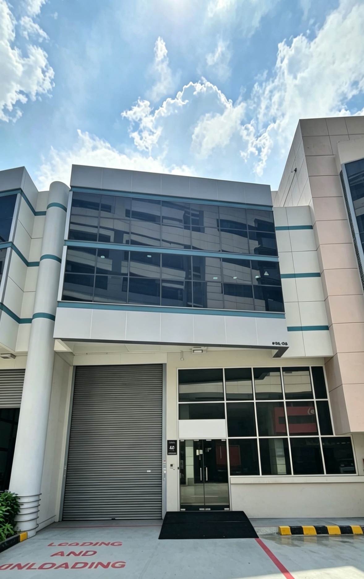 Modern commercial building with large glass windows and metal shutters, parking space labeled 'Loading and Unloading,' sky with clouds in the background.