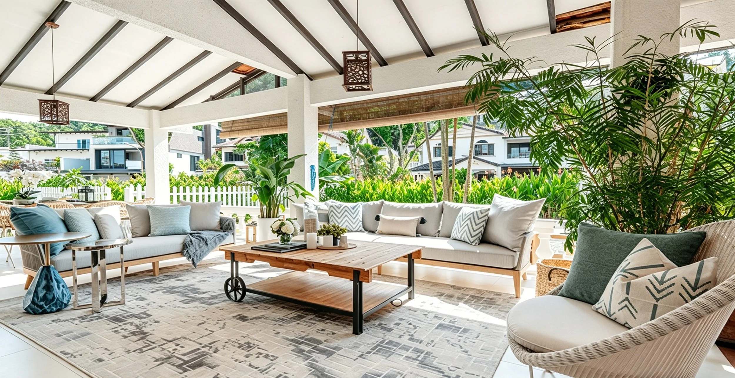 A spacious outdoor patio with white sofas, cushions, and a wooden coffee table, surrounded by lush green plants and trees, with neighboring houses visible in the background.