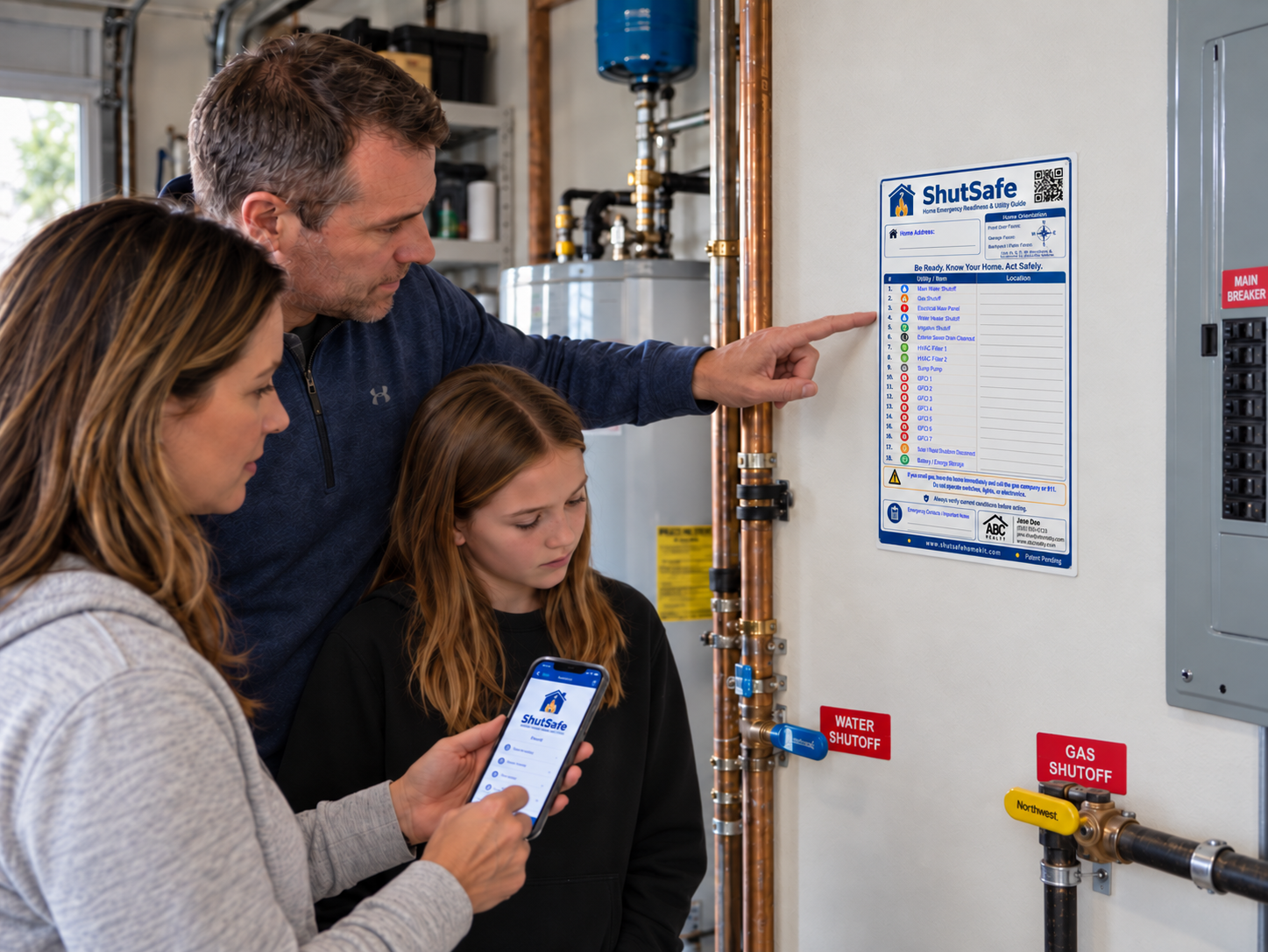 Family reviewing a wall-mounted ShutSafe home shutoff information guide while holding a smartphone.