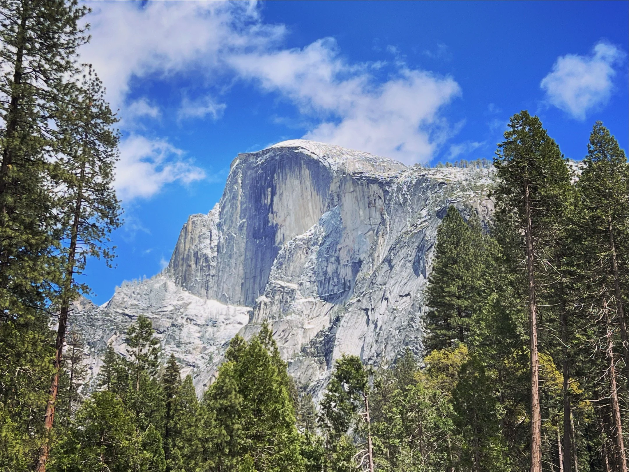 Grey granite blue sky and clouds at Half Dome with green trees in the foreground.