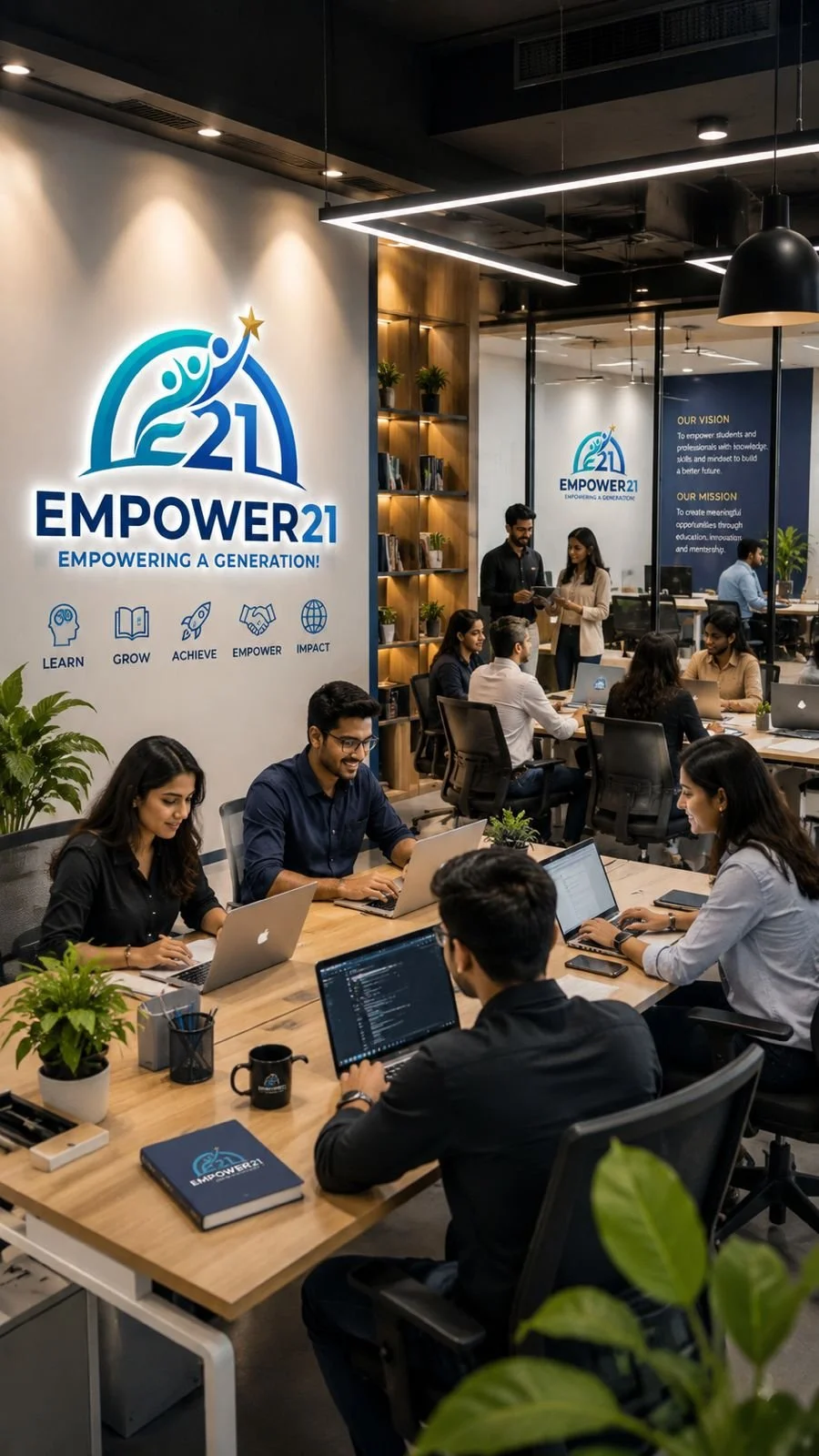 A group of professionals working on laptops in an office with a large sign that reads 'Empower 21'. The sign includes the tagline 'Empowering a Generation!' and icons with words 'Learn,' 'Grow,' 'Achieve,' 'Empower,' and 'Impact.' Office decor includes plants, bookshelves, and a blue poster with the organization's vision and mission statements.