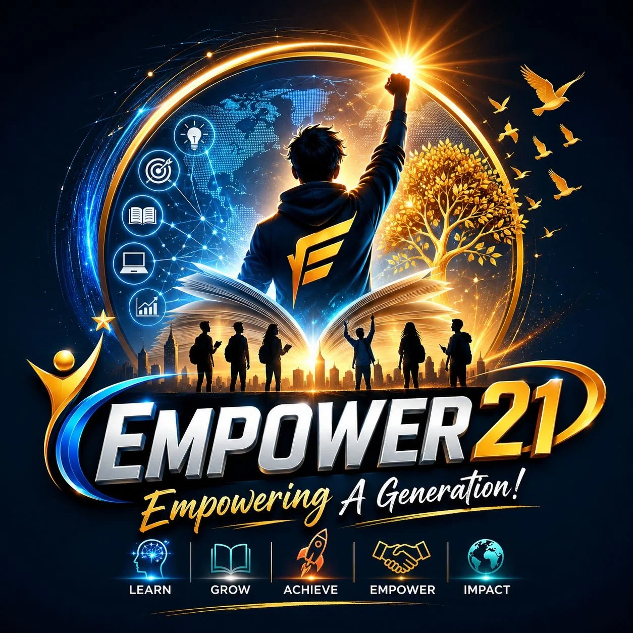 A digital illustration promoting empowerment, featuring a person with a raised fist, a large open book, a city skyline, a tree, and six silhouetted people. The scene is surrounded by icons representing learning, growth, achievement, empowerment, and impact, with the text "EMPOWER 21" and the slogan "Empowering A Generation!"