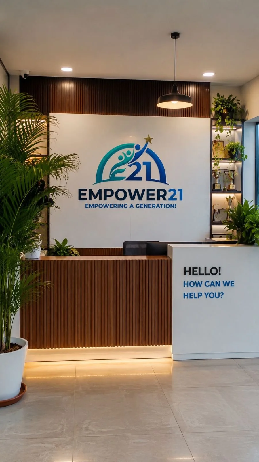 Reception desk with a white background displaying the EMPOWER21 logo and motto "EMPOWERING A GENERATION!". To the right, a white partition with the greeting "HELLO! HOW CAN WE HELP YOU?". There are green plants on either side, and a shelf with awards and framed items on the right side. The decor includes a dark wood panel and a hanging ceiling light.