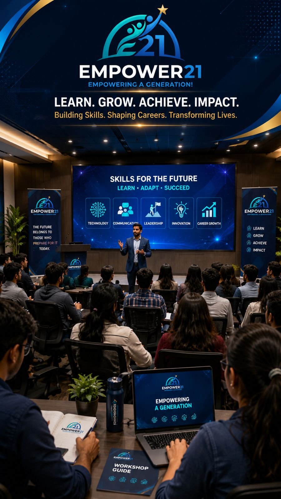 A speaker presents at the Empower 21 conference with a large screen displaying topics such as technology, communication, leadership, innovation, and career growth to an audience of young professionals.