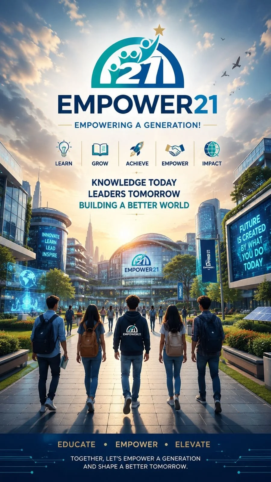 Promotional poster for EMPOWER21 conference featuring cityscape, young people with backpacks walking, and educational and technological icons.
