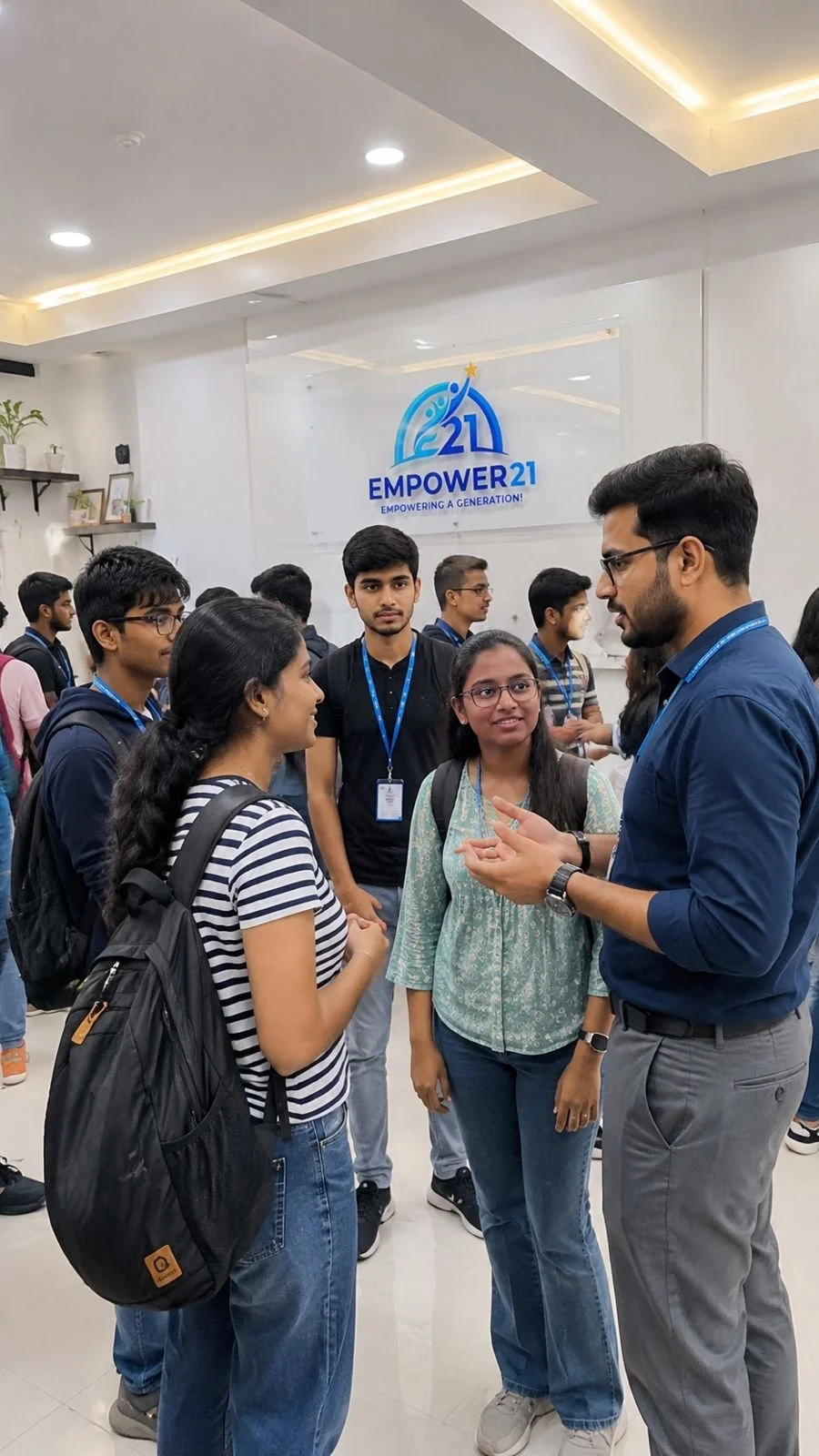 A group of young people are engaged in a conversation with an adult in a modern, well-lit room with a sign that reads 'Empower 21' and 'Empowering a Generation!'