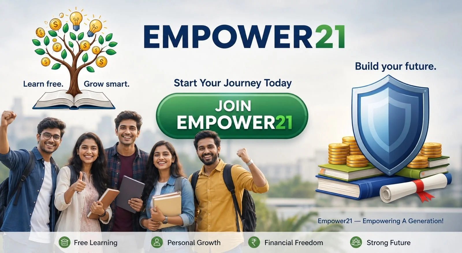 A promotional banner for EMPOWER21 featuring a group of five diverse young adults smiling and holding books and notebooks. The banner includes a tree with dollar signs and lightbulbs, a shield with stacks of coins, and text promoting free learning, personal growth, financial freedom, and a strong future.