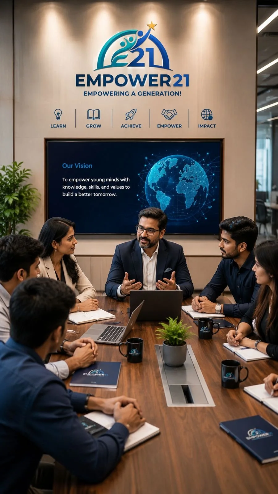 Group of diverse professionals having a meeting in a conference room, with a man speaking and a large digital screen behind them displaying "Empower 21" and its mission statement.