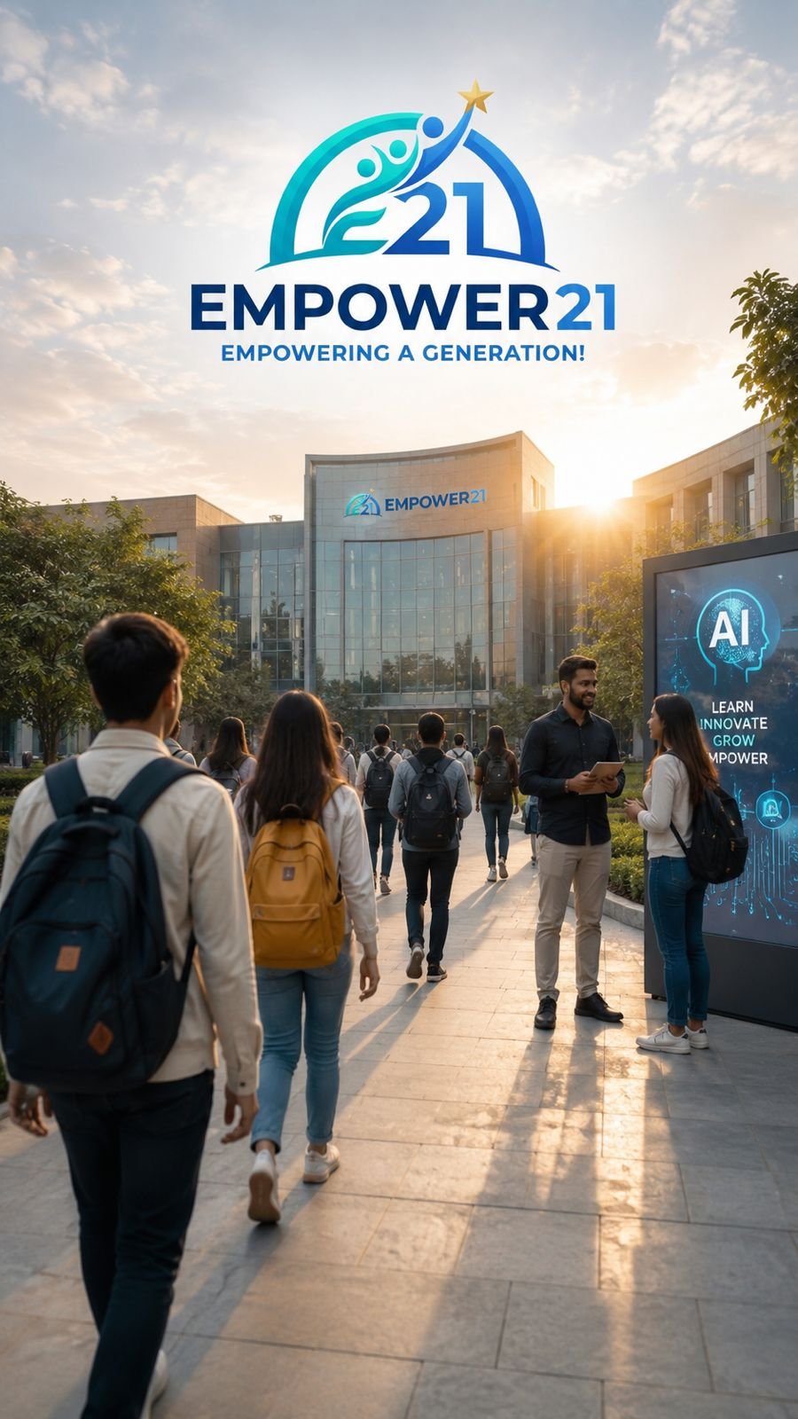 Group of students walking towards a modern campus building with logos of Empower 21 and AI technology, during sunset.