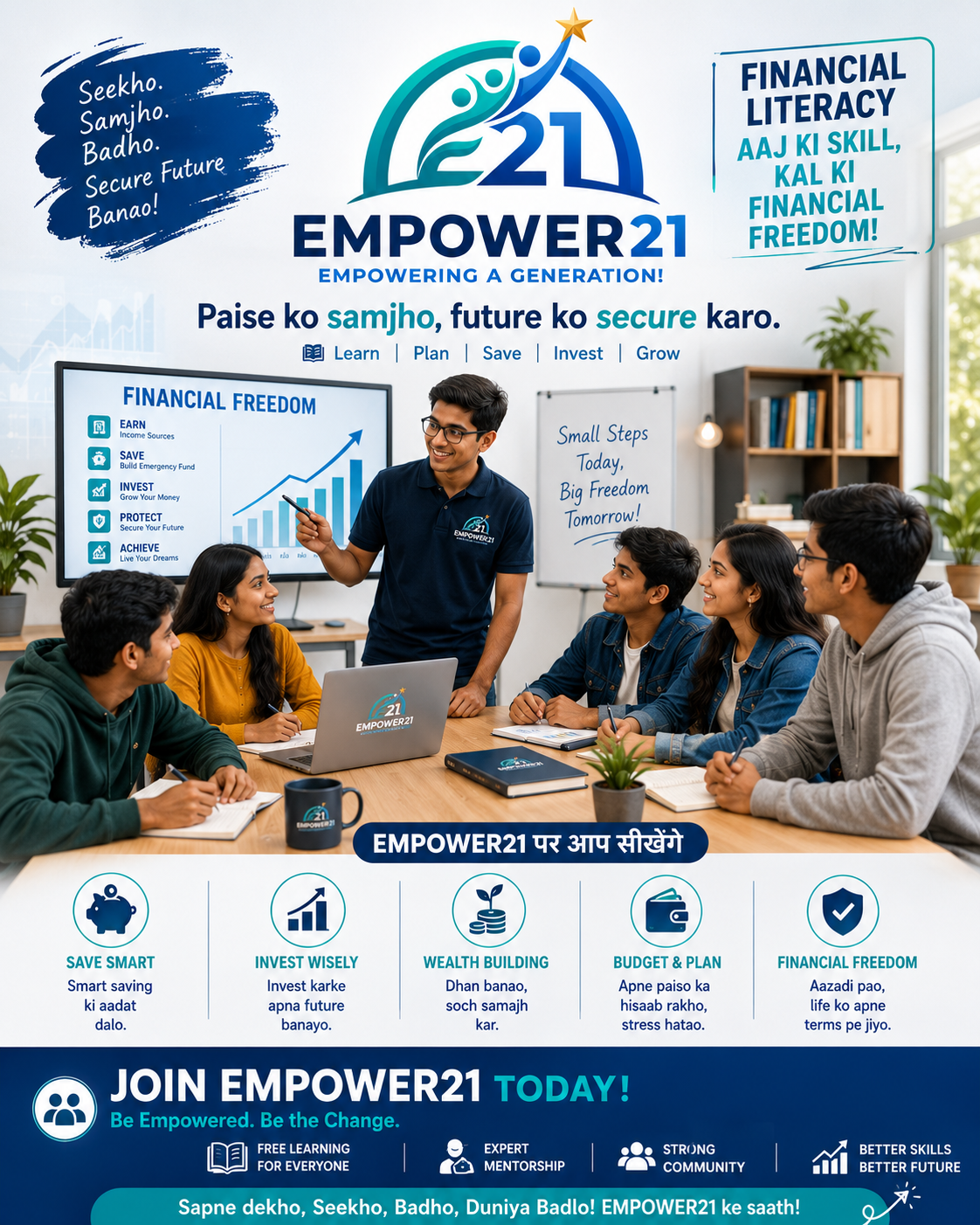 An informational poster promoting EMPOWER21, a financial literacy program. The poster features a young male instructor leading a group of diverse students in a classroom, with charts and motivational phrases about financial freedom, smart saving, investing, wealth building, budgeting, and financial independence.
