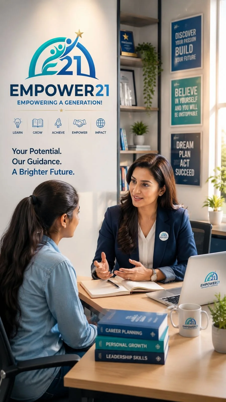 Two women having a discussion in an office, with a banner that reads 'Empower 21' and motivational posters on the wall.