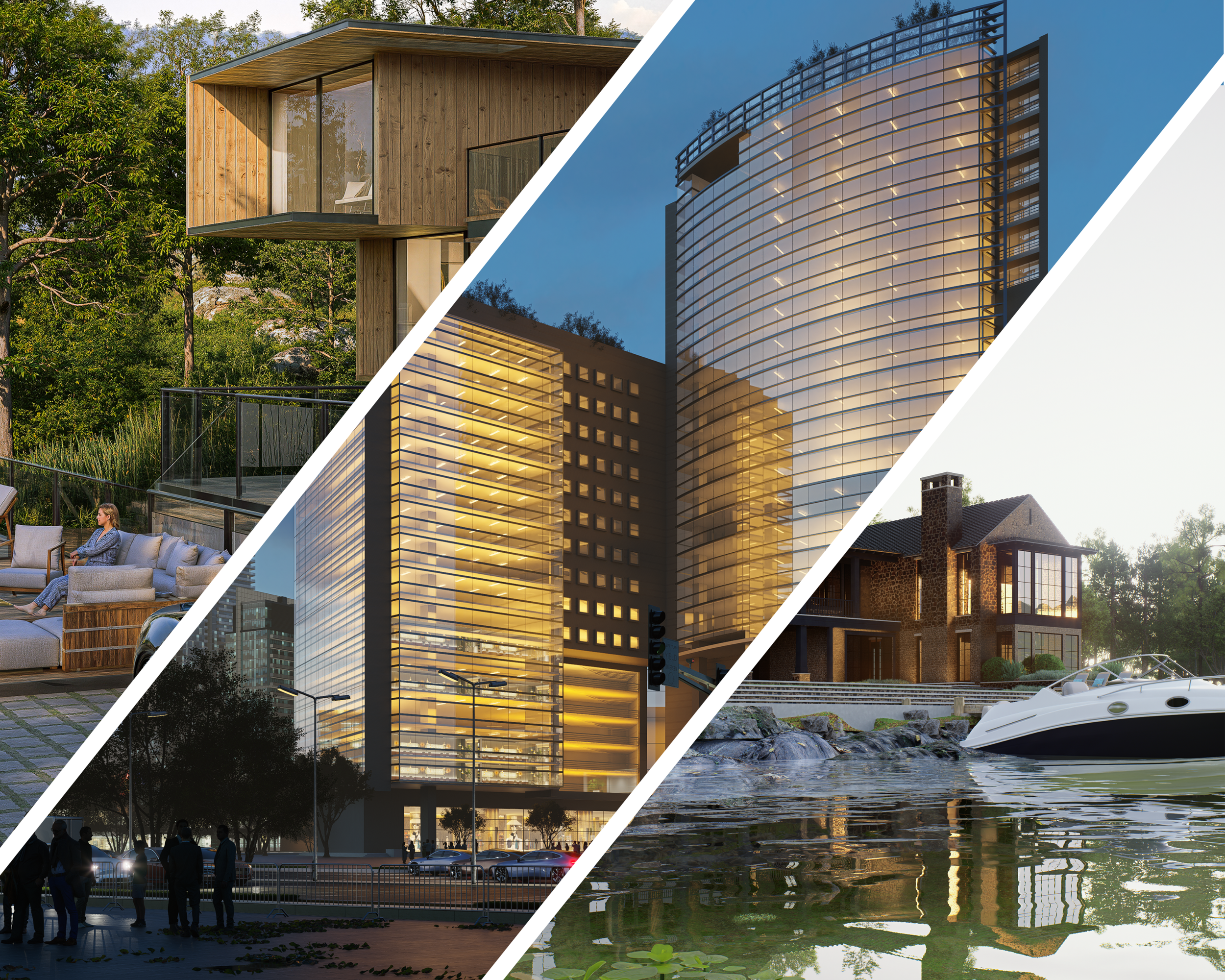 A collage of three images showing different buildings and a waterfront scene. The first image is of a modern wooden house with large glass windows, surrounded by trees. The second image is of a tall, curved glass office building lit up at dusk. The third image depicts a waterfront house with a stone exterior, a chimney, and a boat docked nearby with trees and water.