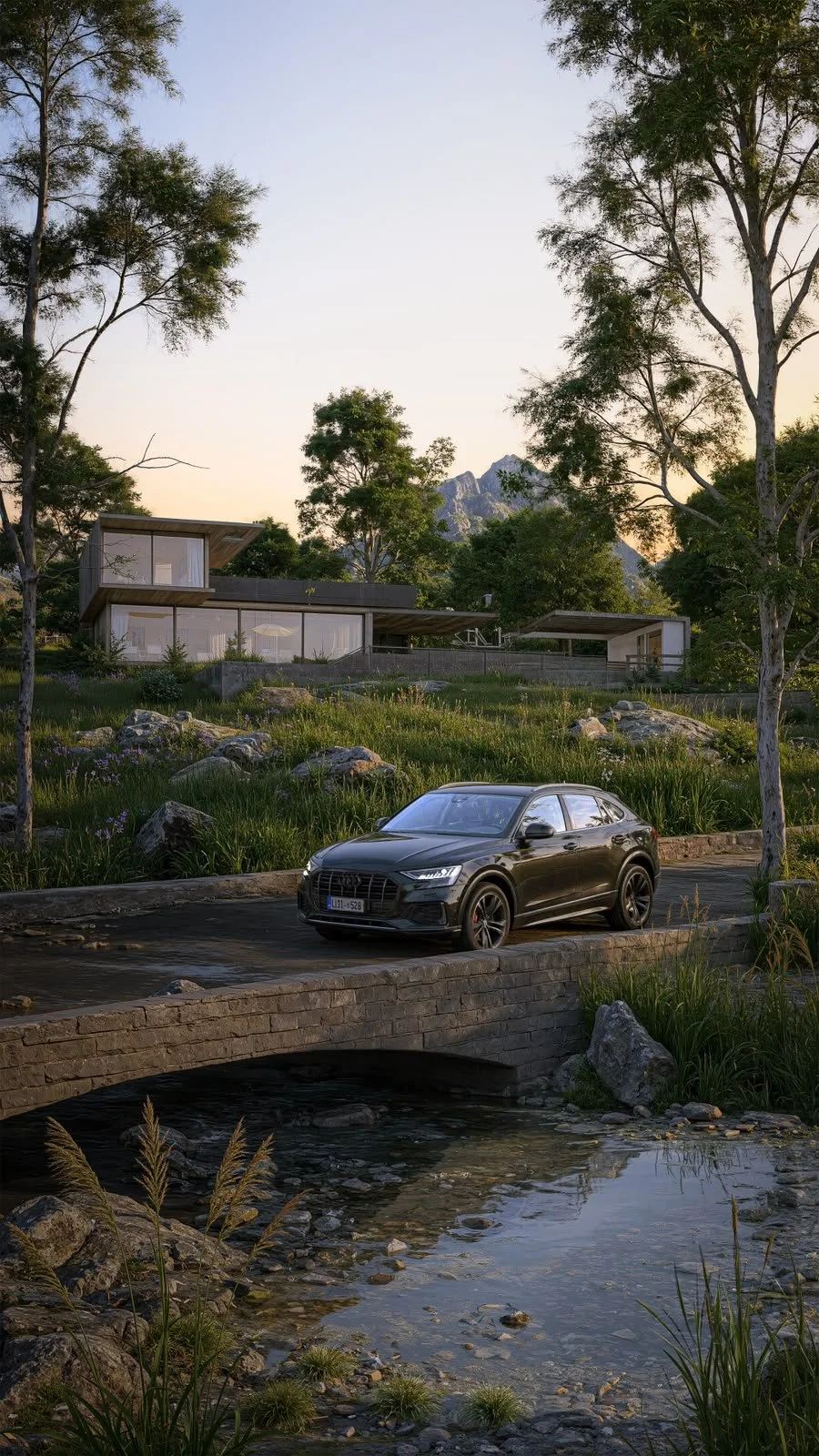 A black luxury SUV parked on a small stone bridge over a stream, with modern homes and trees in the background at sunset.