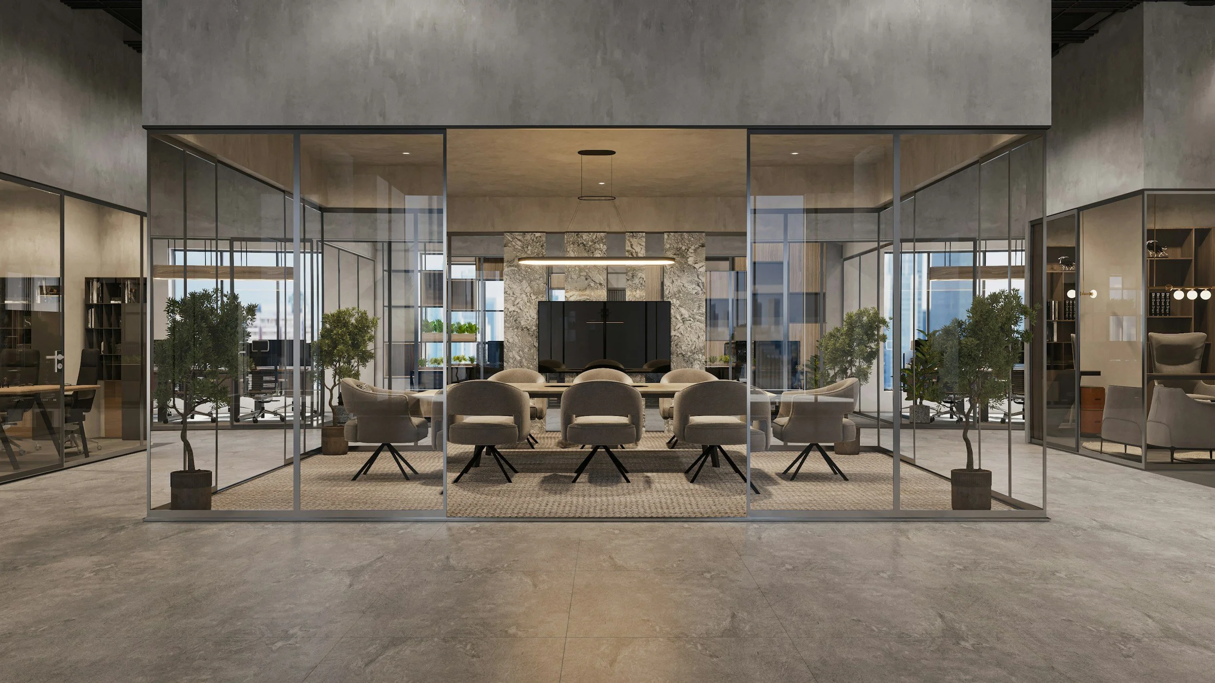 Modern office conference room with glass walls, round table, nine chairs, and green potted plants.