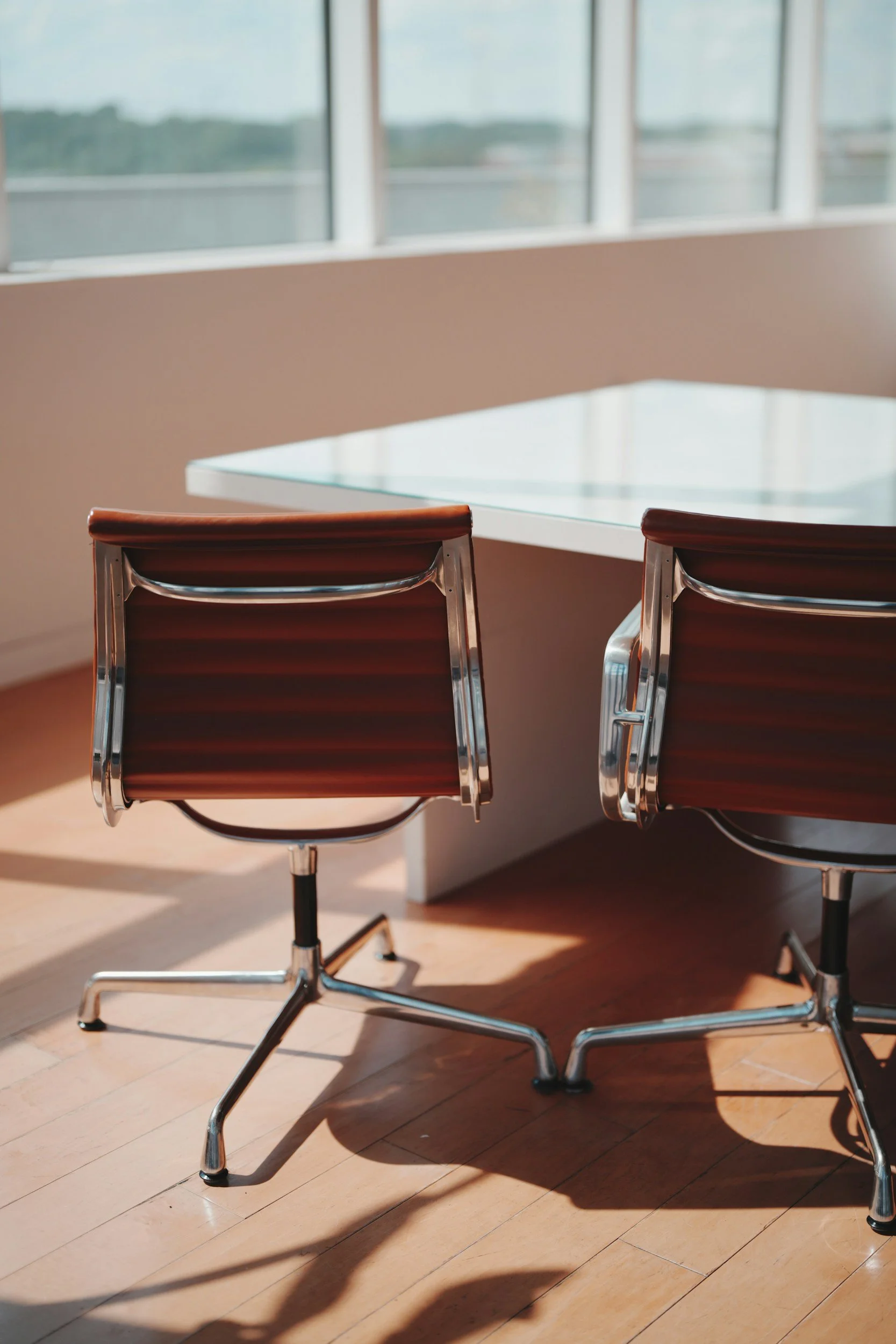 Two office chairs in front of a window with a view of the sky and trees outside, sunlight casting shadows on a wooden floor.