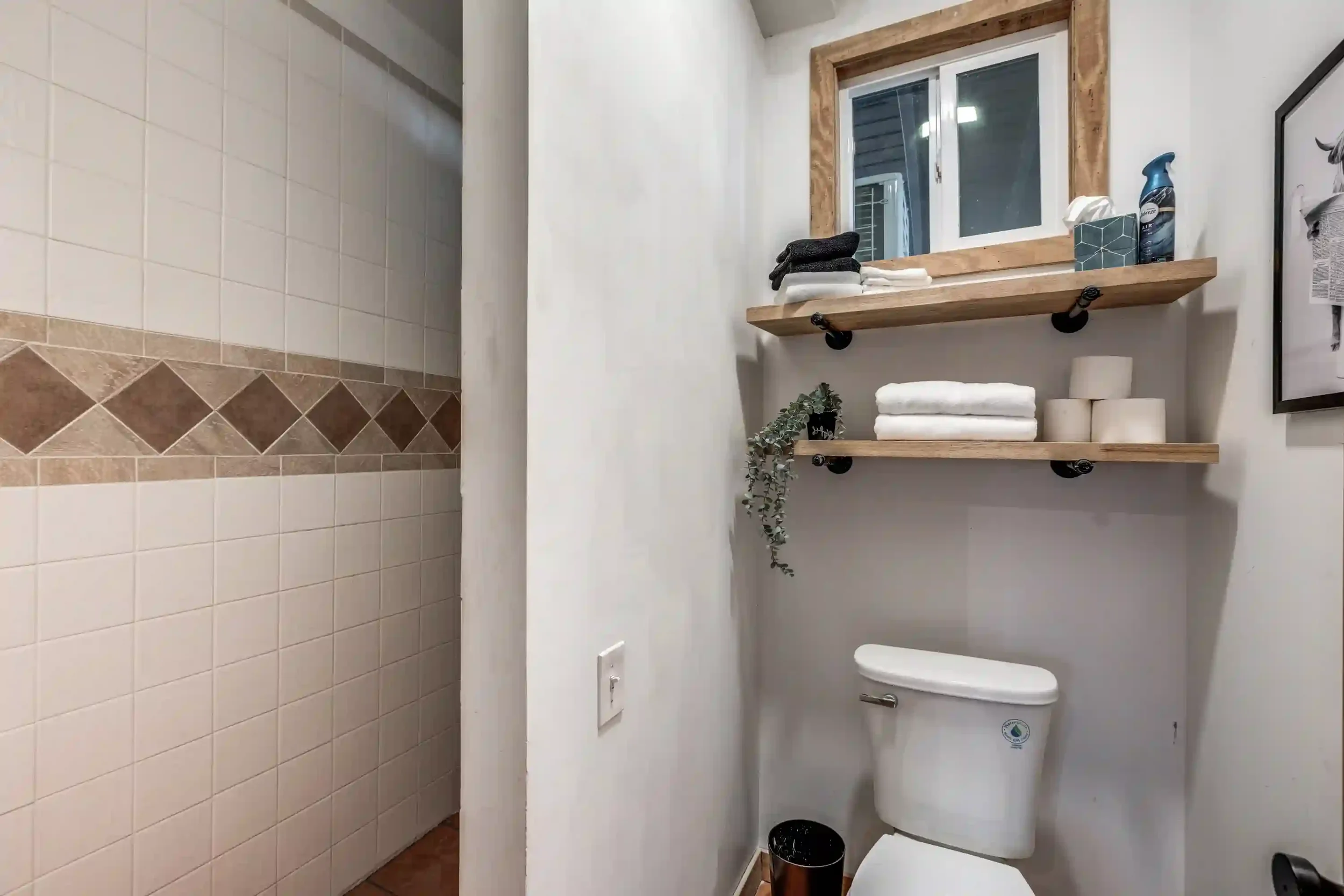 A bathroom with beige tiled shower area and a white toilet next to a wall. A wooden shelf above the toilet holds towels and toiletries. A small plant hangs from the shelf, and a framed black-and-white picture on the wall to the right.
