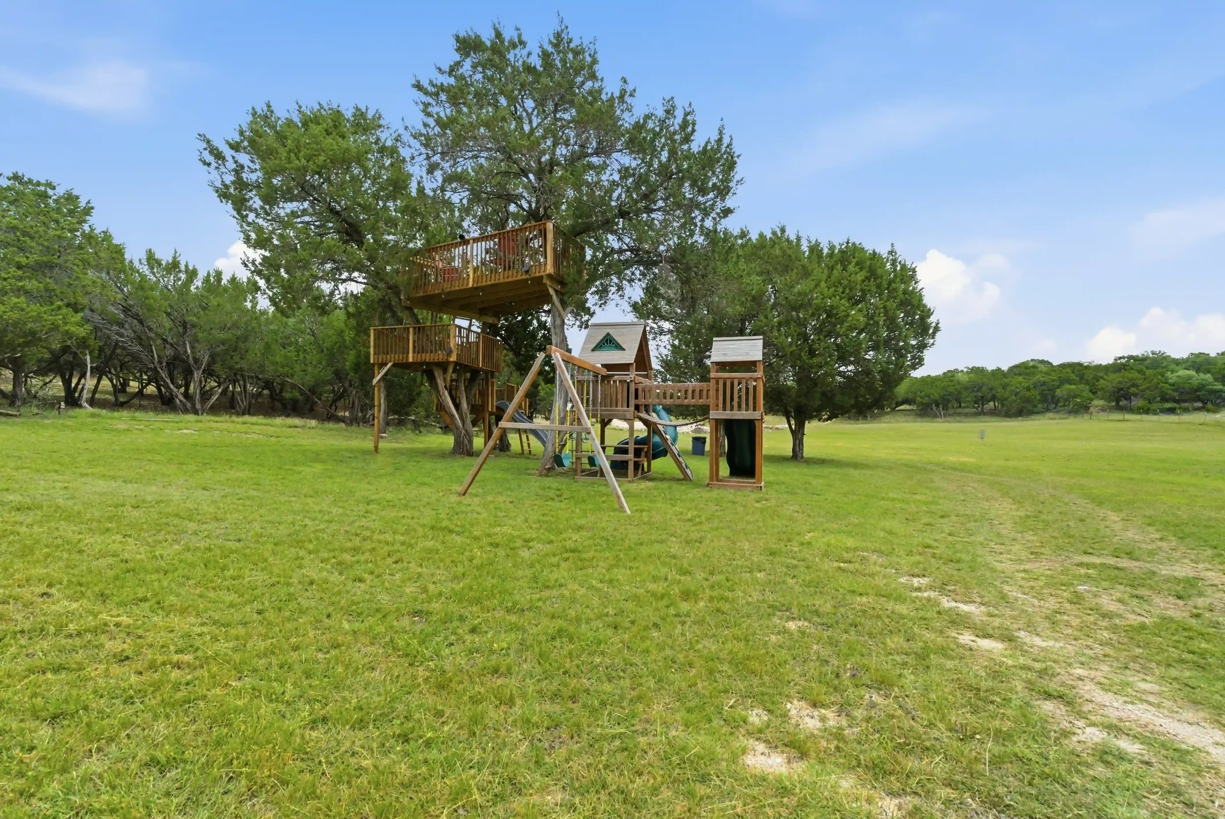 A backyard with a large grassy field featuring a wooden playset and a treehouse built around a big tree. The playset includes swings, slides, and climbing areas, set against a backdrop of lush green trees and a clear blue sky.