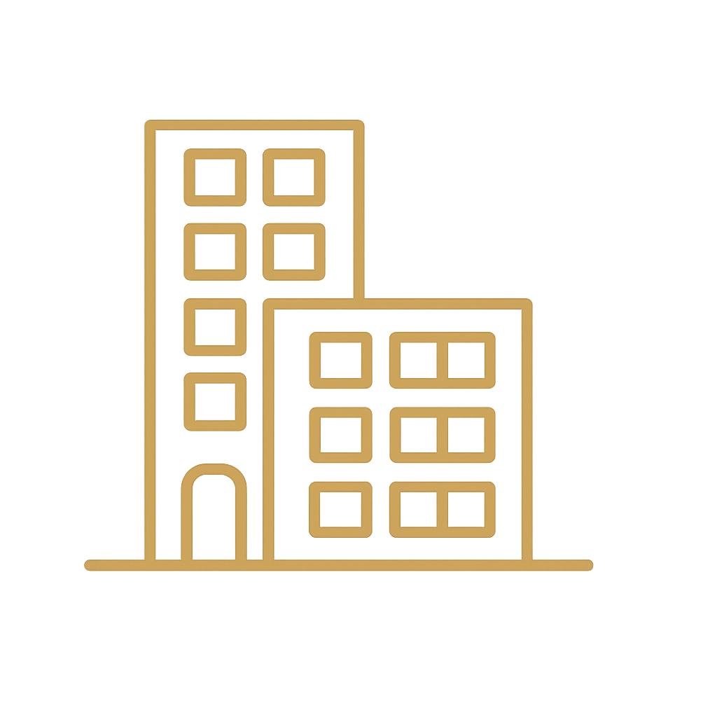 Outline drawing of two modern multi-story buildings with rectangular windows and an arched entrance, in gold on a black background.