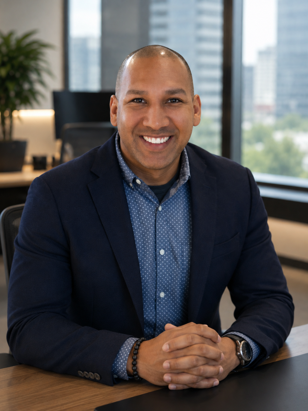 Enrique Caro smiling in business suit sitting at a desk in an office with large windows and city view.