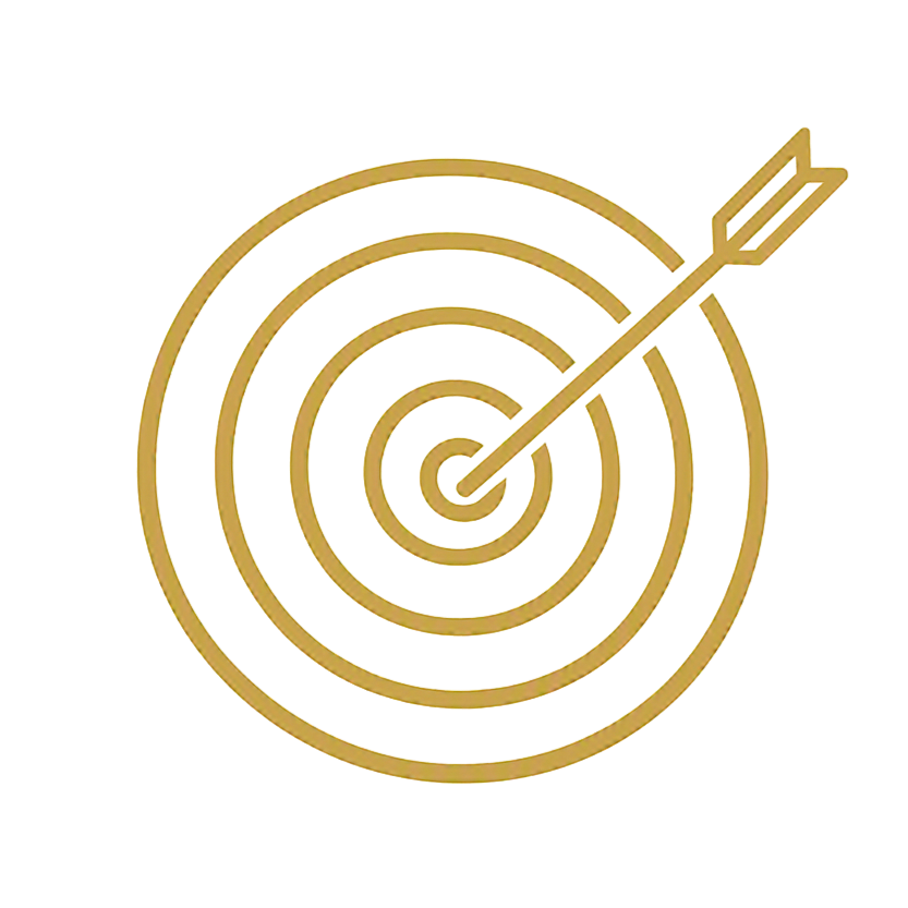 Gold-colored target with concentric circles and an arrow hitting the bullseye.