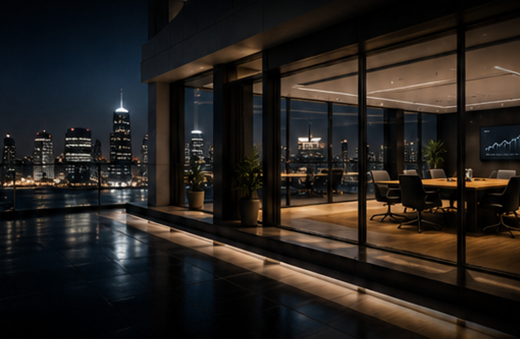 Nighttime city view from a modern office with glass walls, city skyline with tall buildings, some lit up, visible through the windows.