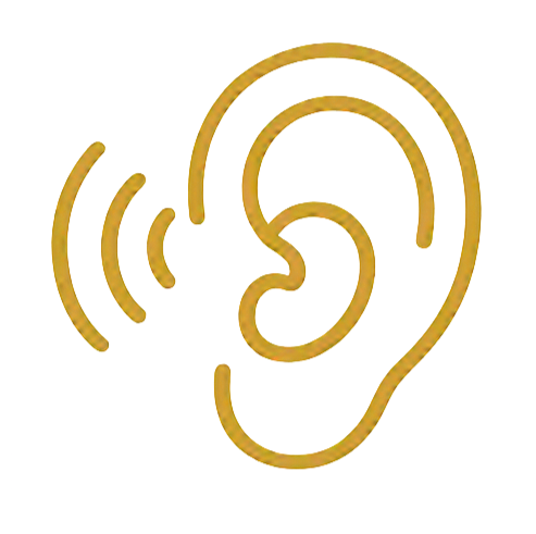 Line drawing of a human ear with sound waves indicating hearing.