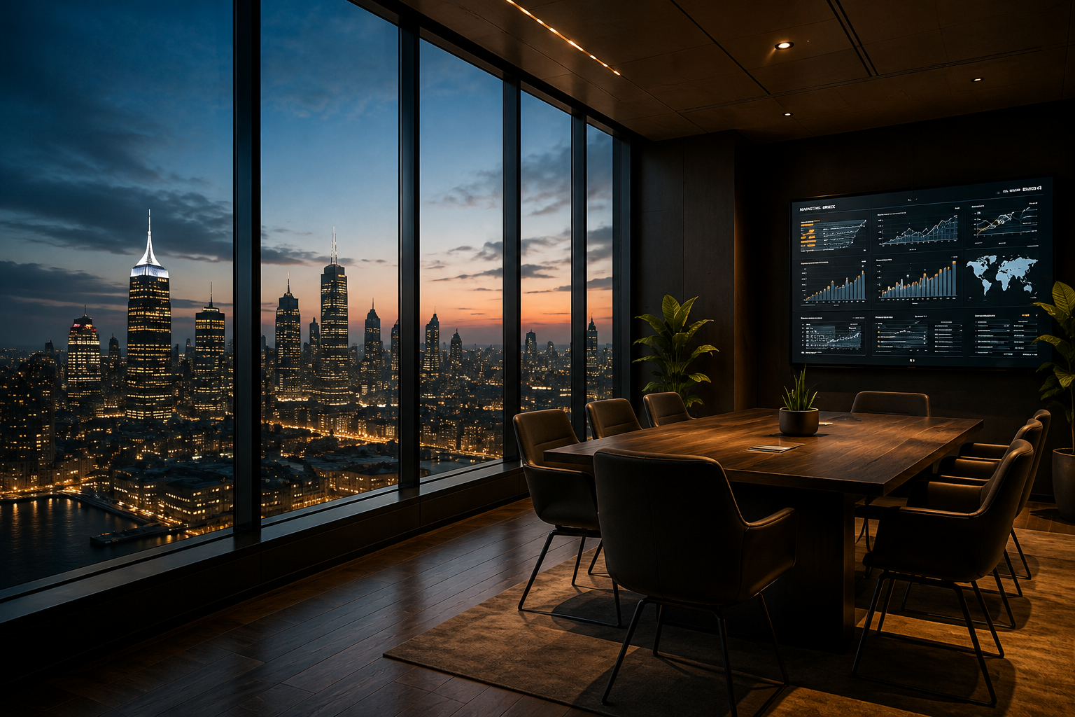 A modern conference room with large window views of the New York City skyline at sunset, a wooden table surrounded by six chairs, and multiple monitors displaying graphs and charts on the wall.