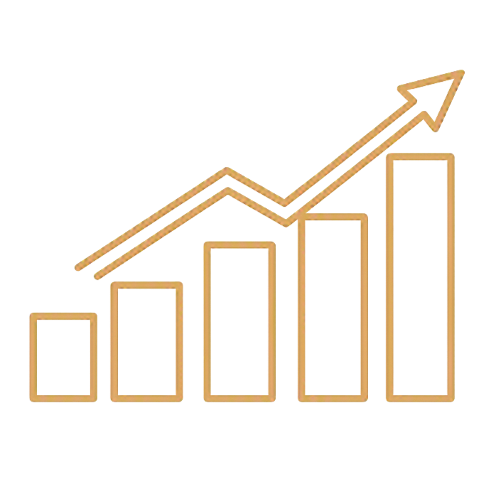 A colorful 3D bar chart with five bars increasing in height from left to right, topped with a line graph that shows an upward trend with an arrow pointing upward.