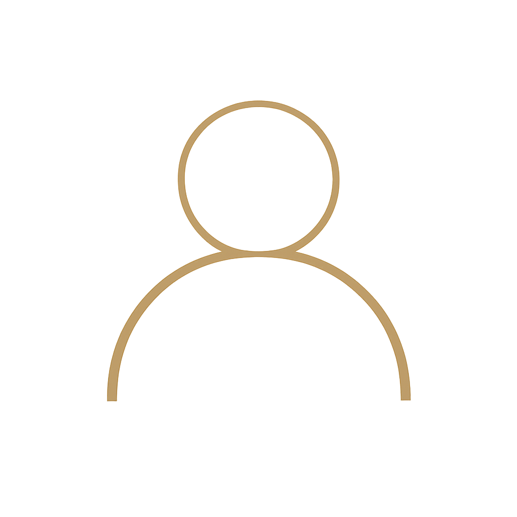 Outline icon of a person with no facial features, in black and gold.