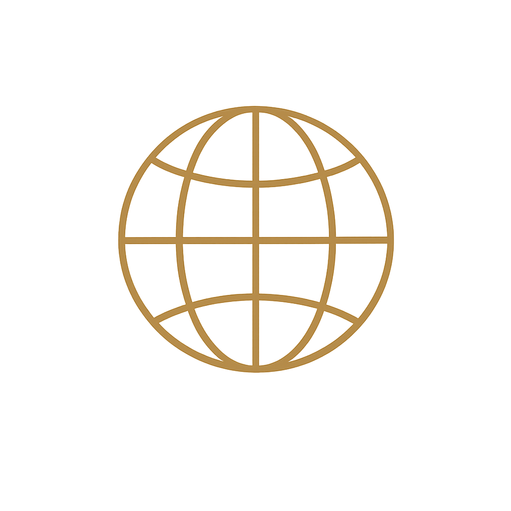 Gold globe icon with grid lines on a black background.