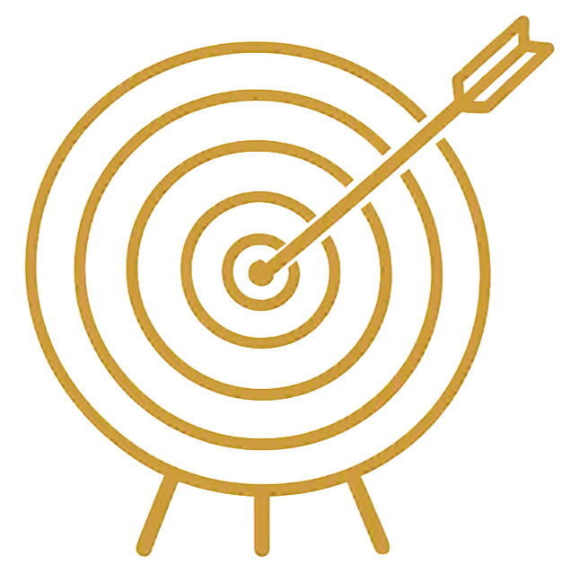 Gold-colored target with concentric circles and an arrow hitting the bullseye.