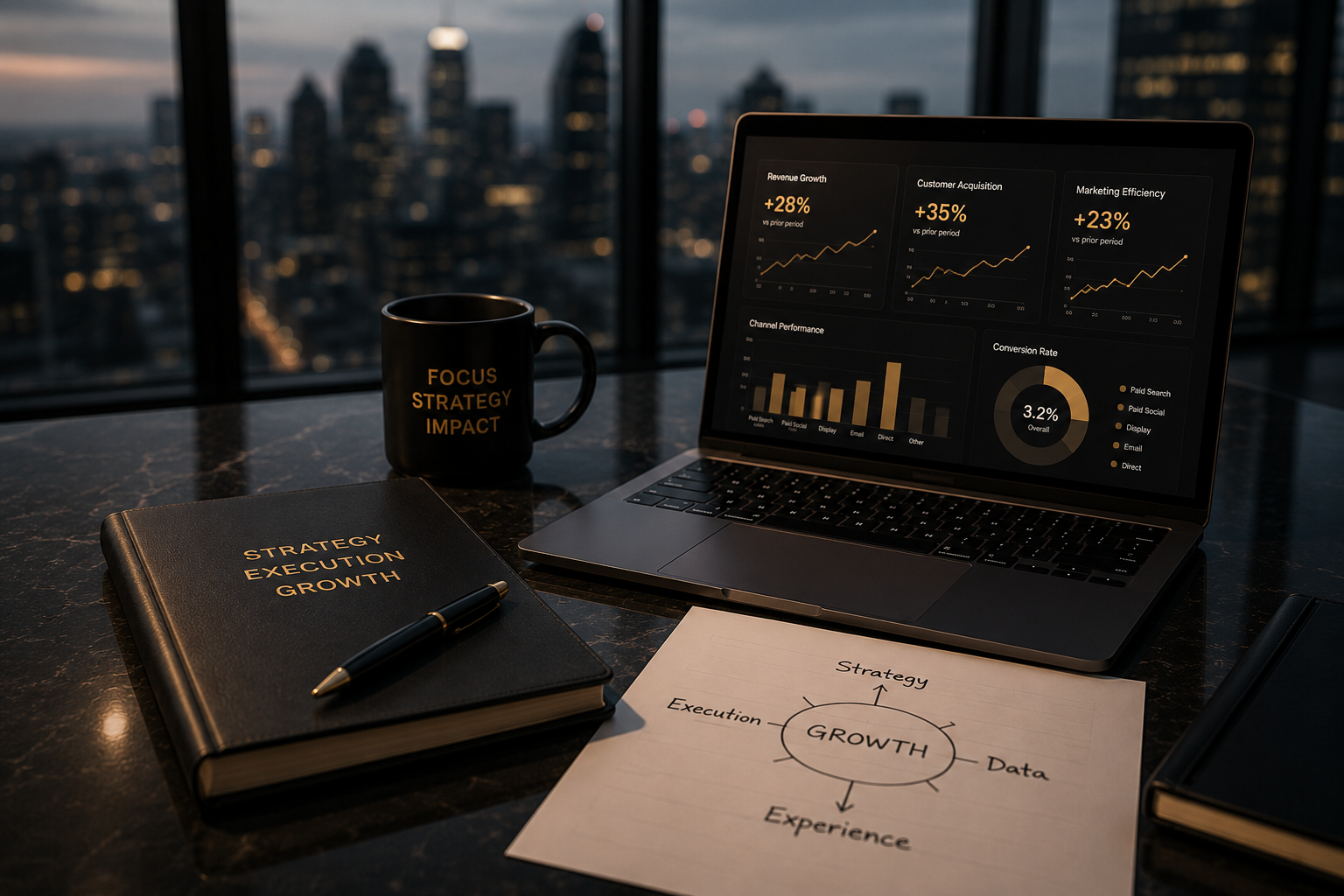 A workspace with a laptop displaying business analytics, a black mug with 'FOCUS STRATEGY IMPACT' written on it, a closed black notebook with 'STRATEGY EXECUTION GROWTH' on the cover, a pen, and a printed diagram titled 'GROWTH' with related words, all set on a dark marble table against a city skyline at dusk.