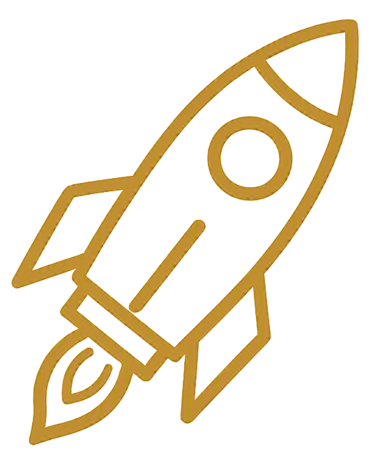Gold outline of a space rocket with a circular window and flames at the bottom.