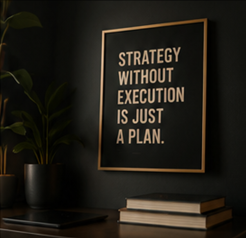 A framed quote on a dark wall that reads 'Strategy without execution is just a plan,' with a potted plant and a stack of books on a desk.