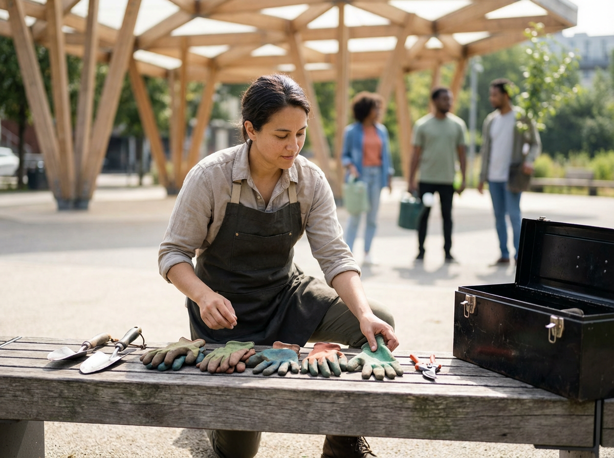 Woman wearing an apron arranging gardening gloves and gardening tools on a wooden table outdoors.