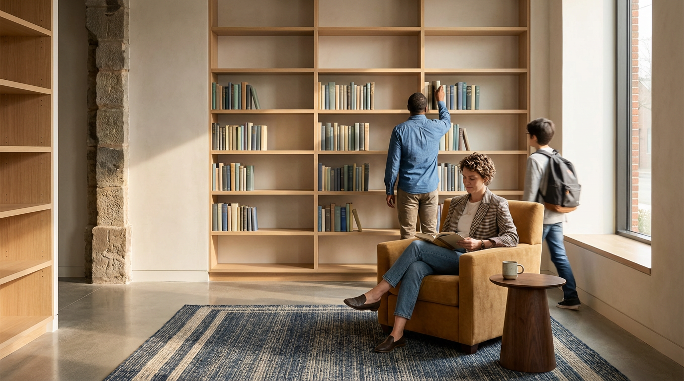 A woman sitting in a yellow armchair reading a book in a room with a large window and a wooden bookshelf with books, two young men, one in a denim shirt and the other wearing glasses and a backpack, browsing the bookshelves.