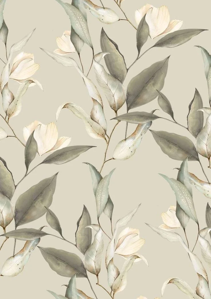 A floral pattern with cream-colored flowers and gray-green leaves on a beige background.