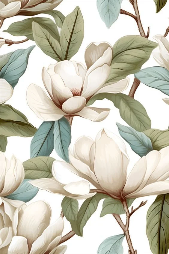 Illustration of white magnolia flowers with green and blue leaves on branches.