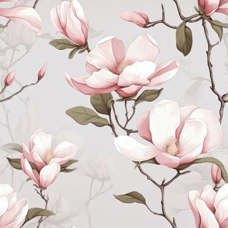 Pattern of pink magnolia flowers and buds with green leaves on branches against a soft gray background.