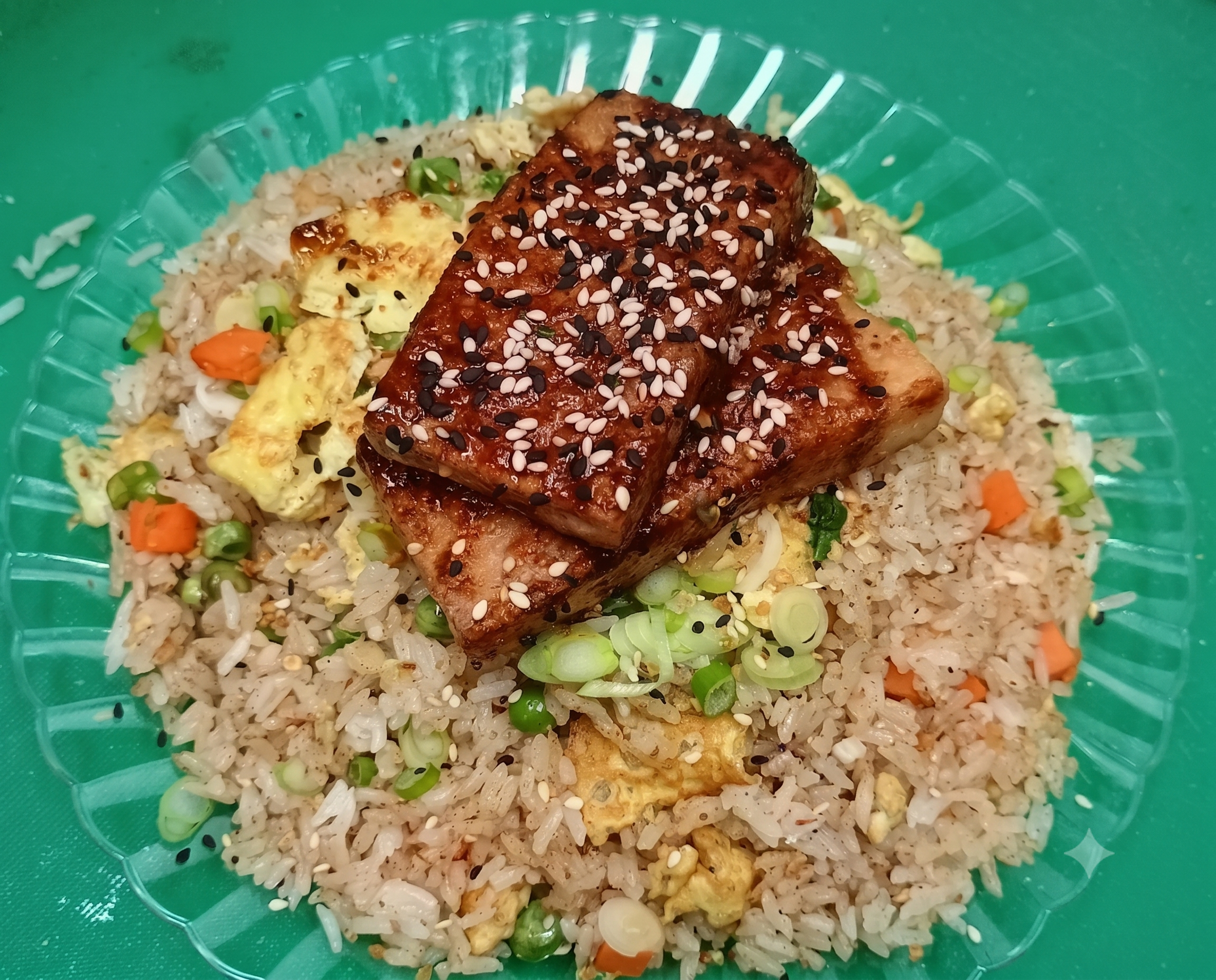 A bowl of fried rice topped with two pieces of glazed fish sprinkled with sesame seeds.