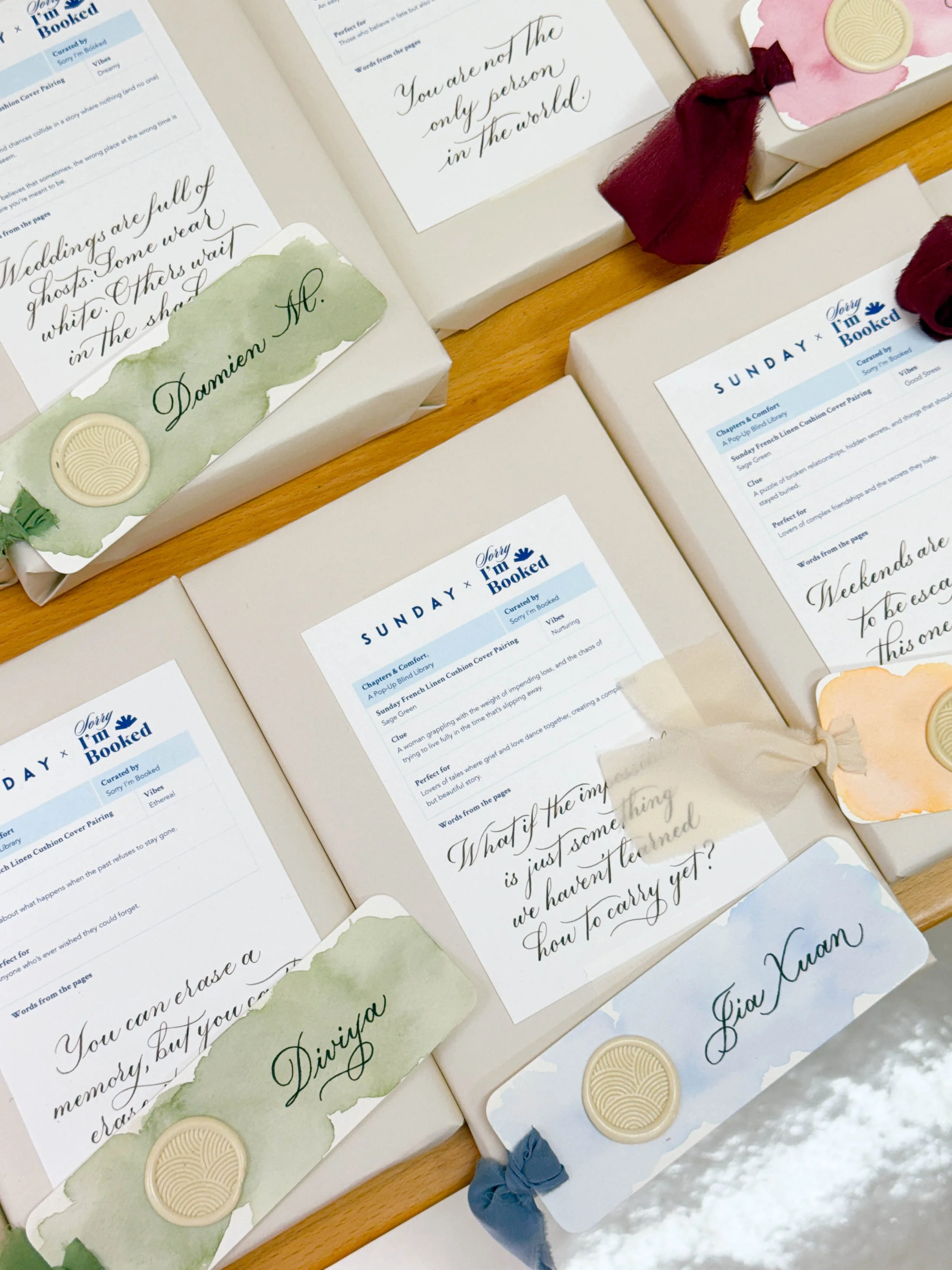 Calligraphy Personalised Bookmarks and Book Quotes for Sunday Bedding and Sorry, I'm Booked event. Tool used: Dip Pen.