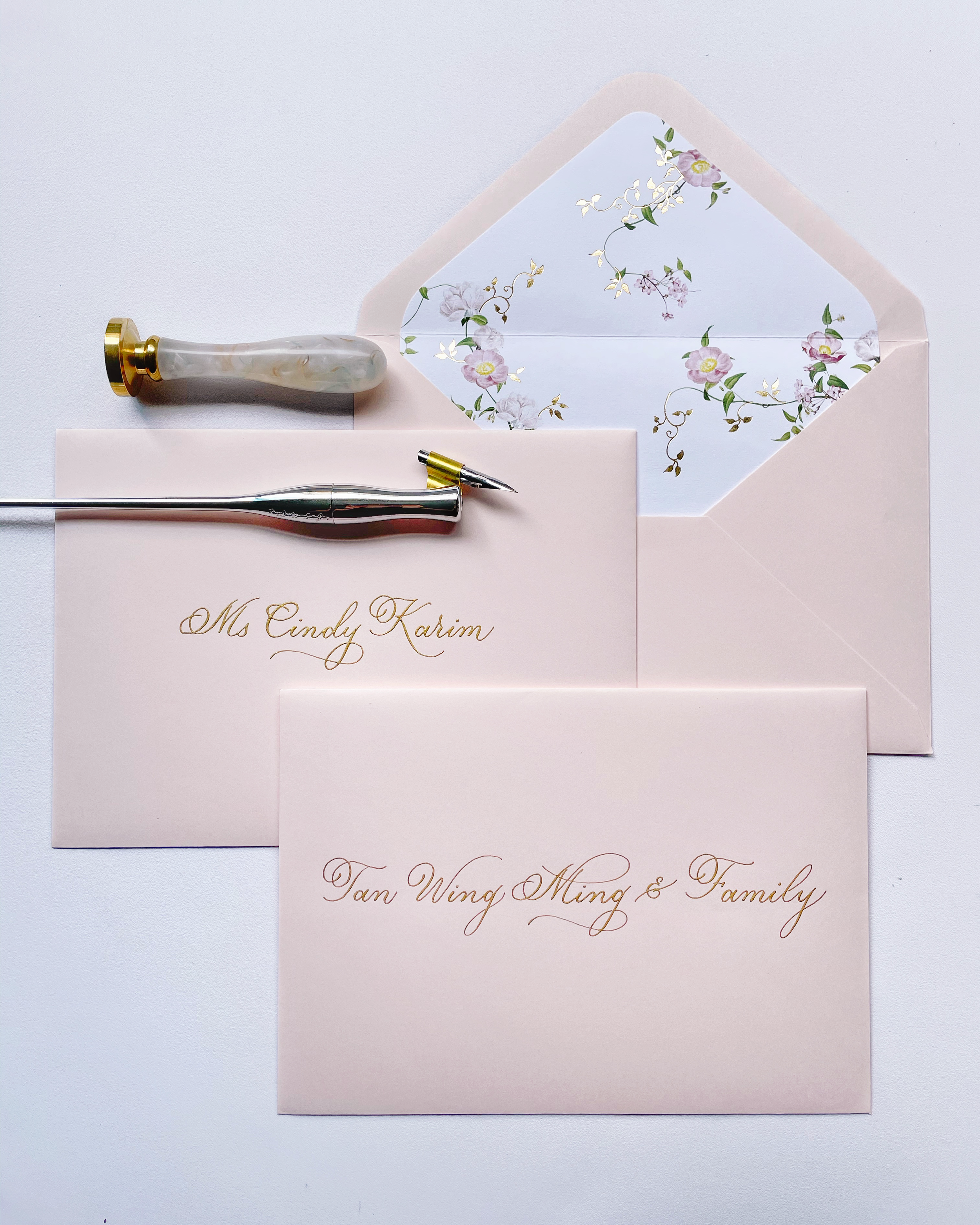 Calligraphy Envelope Addressing in Gold Ink, on Light Blush Pink Envelopes for Wedding Invitations