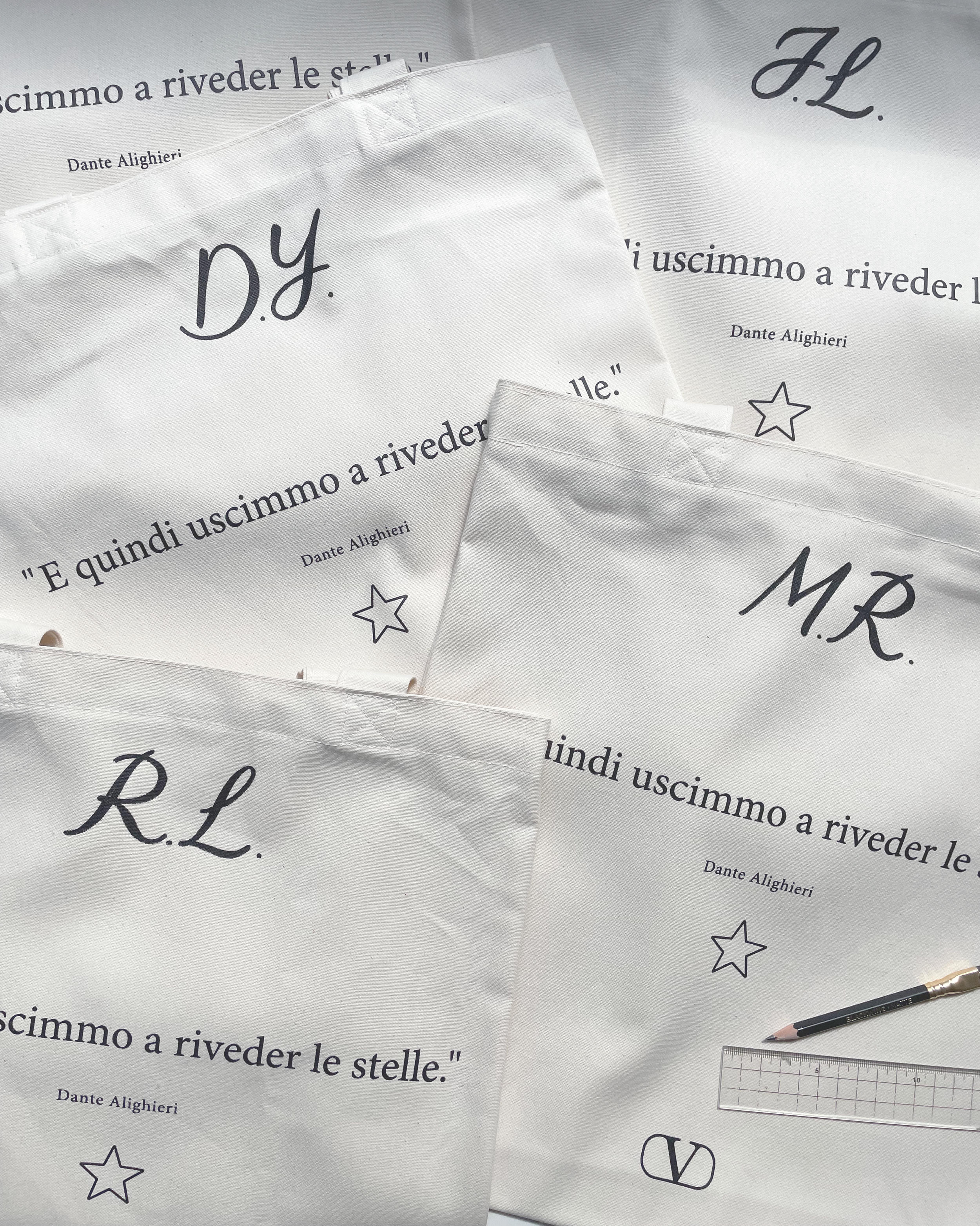 Hand Lettered Initials on Valentino Tote Bags, as Staff Appreciation Gifts. Tool used: Fabric Marker.