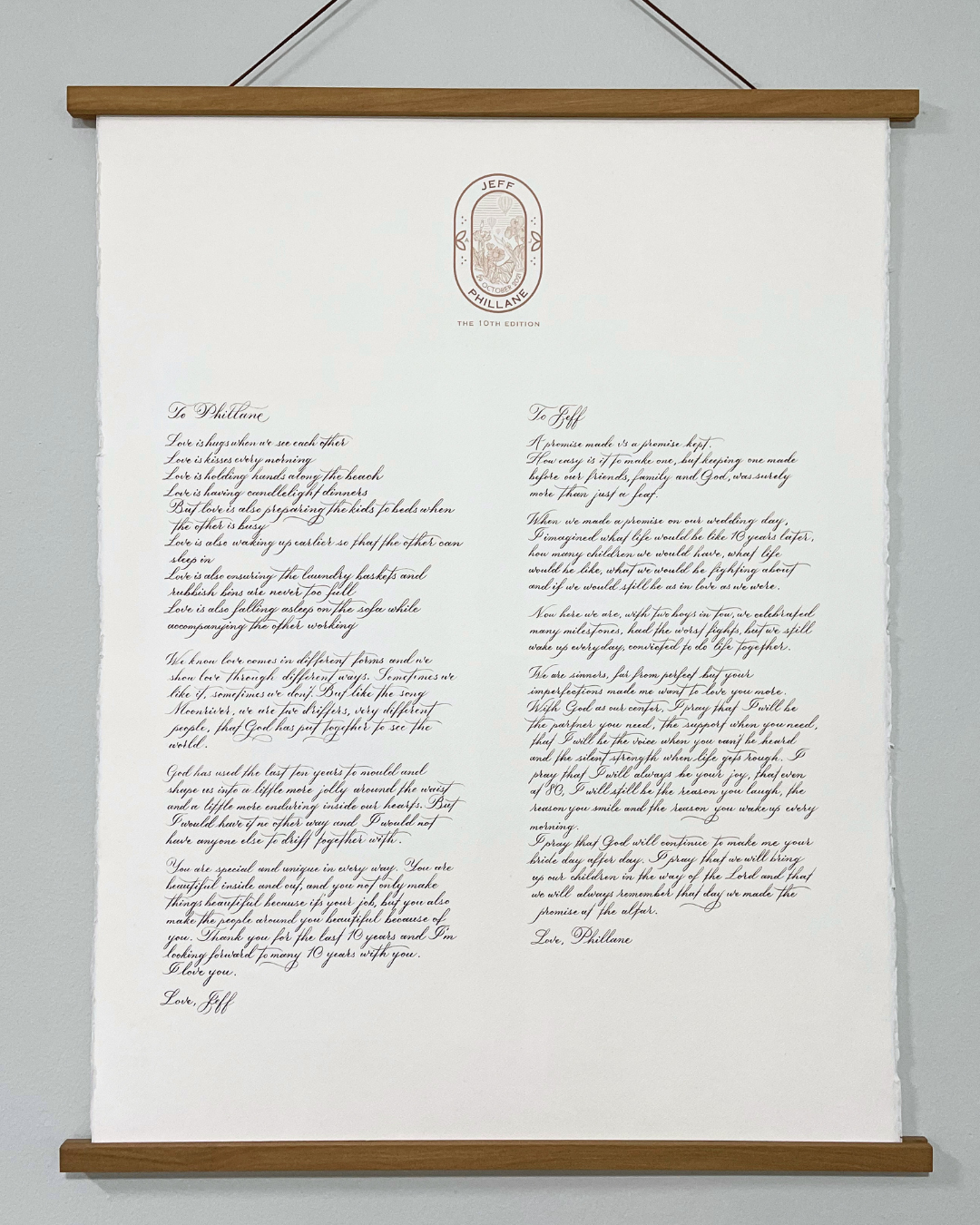 Custom Commissioned Calligraphy Artwork of Renewed Wedding Vows in A1 Size, for a 10th Wedding Anniversary