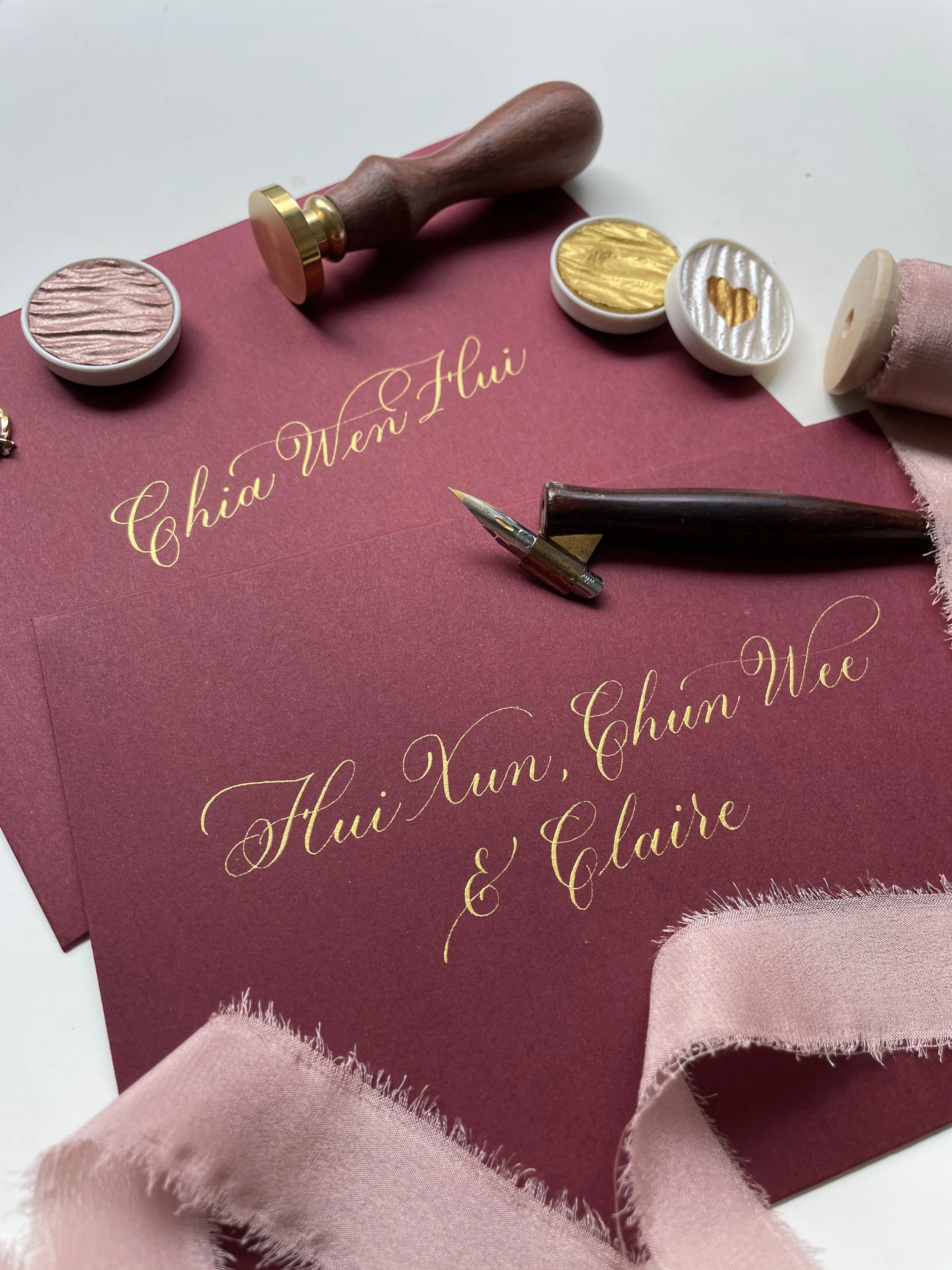 Calligraphy Envelope Addressing in Gold Ink, on Wine Red Envelopes for Wedding Invitations