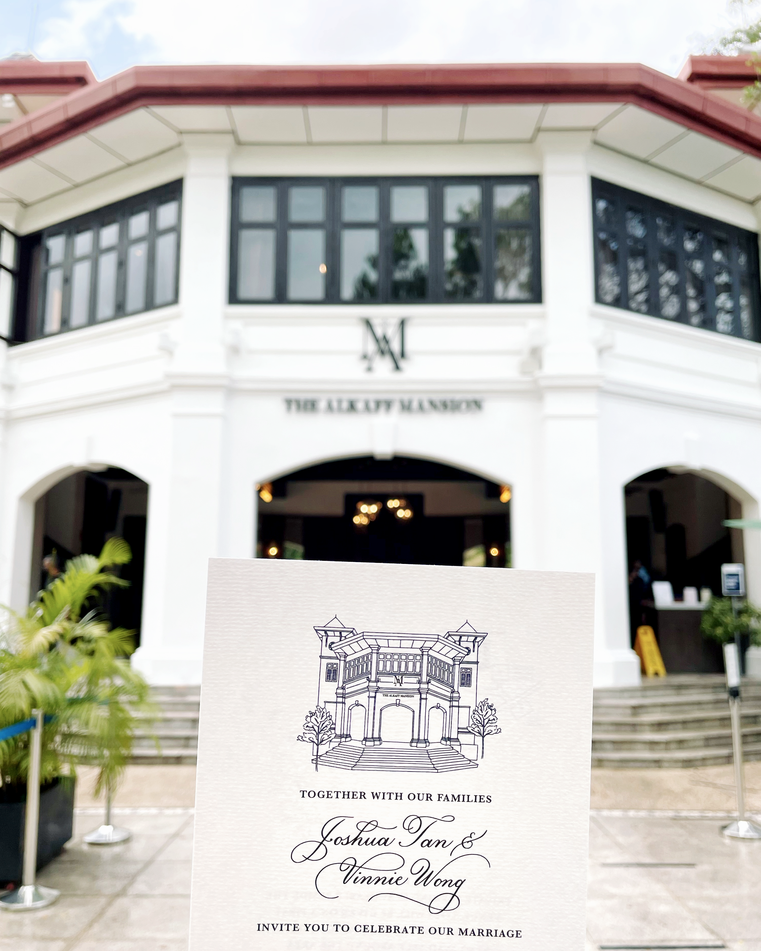 Custom Wedding Invitation with Hand-Illustrated Venue and Names in Calligraphy